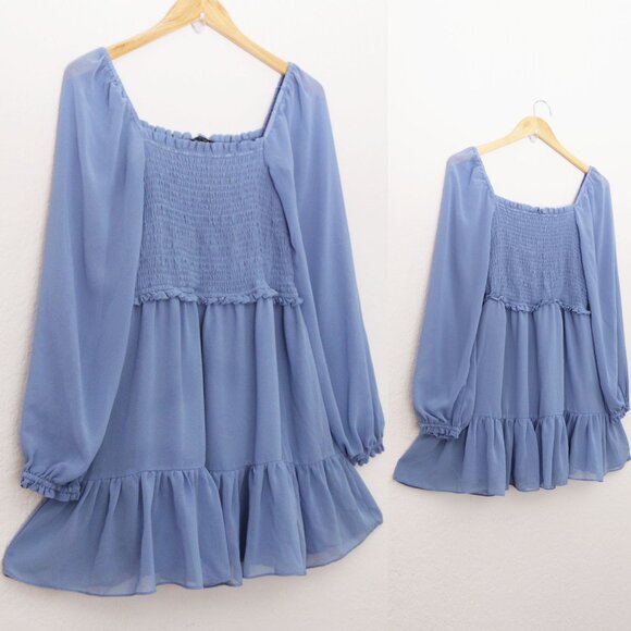 1.STATE Women's L Long Sleeves Smocked Ruffle Skirt Mini Dress Chiffon Blue $99 - Picture 13 of 15